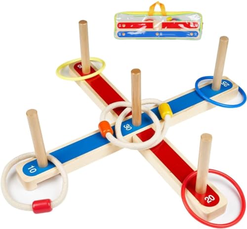 Wurfspiel Ringwurfspiel, UlifeME Garten Spiele für Kinder und Erwachsene, 5 Pcs Hölzerne Seilringe + 8 Pcs Bunt Ringe Werfen, 2 Formen für Indoor und Outdoor Spielspaß, Kinderspiele Draußen mit Tasche von Ulifeme