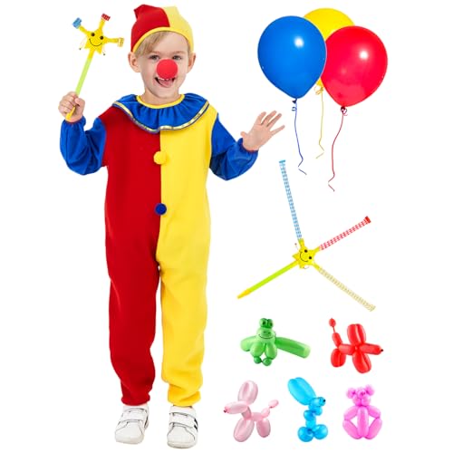 Ulikey 12 PCS Clown Kostüm Kinder, Halloween Karneval Cosplay Costume, Kinder Faschingskostüme Jungen Mädchen Cosplay Clown Kostüme, mit Clown Jumpsuit, Hut, Nase, Ballons und Tröte Spielzeug (100) von Ulikey