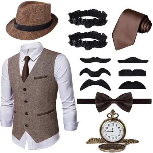 Ulikey 20er Jahre Herren Accessoires, 1920er Mafia Kostüm Herren Set, 1920er Herren Kostüm Zubehör mit Westen & Verschiedenen Accessoires für Halloween, Karneval Kostüm (Braun, L) von Ulikey