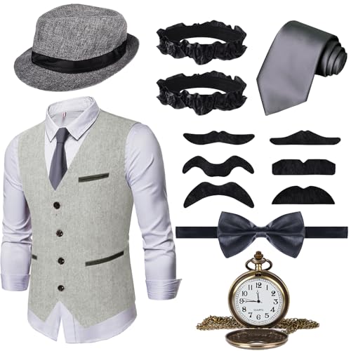 Ulikey 20er Jahre Herren Accessoires, 1920er Mafia Kostüm Herren Set, 1920er Herren Kostüm Zubehör mit Westen & Verschiedenen Accessoires für Halloween, Karneval Kostüm (Grau, L) von Ulikey