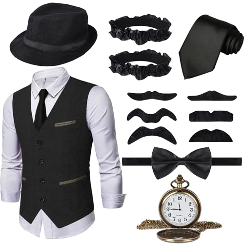 Ulikey 20er Jahre Herren Accessoires, 1920er Mafia Kostüm Herren Set, 1920er Herren Kostüm Zubehör mit Westen & Verschiedenen Accessoires für Halloween, Karneval Kostüm (Schwarz, L) von Ulikey