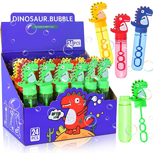 Ulikey 24 x 35 ml Seifenblasen Kinder, Dinosaur Seifenblasen, Seifenblasen Stäbe Spielzeug Set, Bunte Bubbles für Kindergeburtstag, Partys, Hochzeit, Kinder Spielzeug Geschenke, 4 Farben Dinosaurier von Ulikey