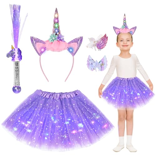 Ulikey 5 Stück Einhorn Kostüm Set, Einhorn Tütü, Einhorn Glasfaser Leuchtstäbe, Einhorn Haarreifen, Einhorn Haarspangen, Einhorn Prinzessin Kleid Mädchen für Cosplay Kindergeburtstag Karneval (Lila) von Ulikey