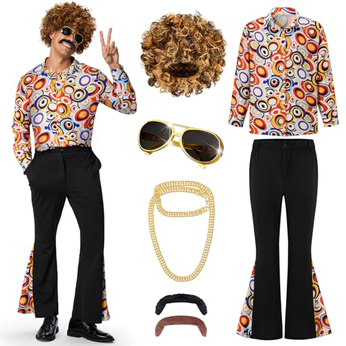 Ulikey 70er Jahre Kostüm Herren, 60er70er Jahre Outfit Herren Retro Hippie Kostüm 70er Disco Kostüm Männer Set mit Perücke, Hemd, Schlaghosen und Disco Zubehör für Karneval Halloween (Orange, M) von Ulikey