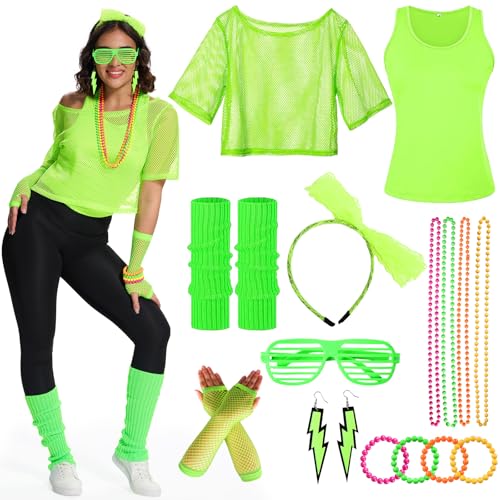 Ulikey 80er 90er Jahre Outfit Damen, 80er Jahre Kleidung Damen Set, Netzshirt, Tank top, Halskette, Armband, Ohrring, Brille, Stirnband, 90er Jahre Neon Party Outfit Mottoparty Accessoires (grün, XL) von Ulikey