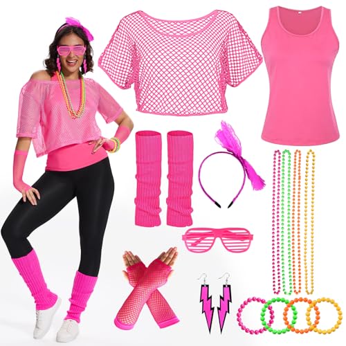 Ulikey 80er 90er Jahre Outfit Damen, 80er Jahre Kleidung Damen Set, Netzshirt, Tank top, Halskette, Armband, Ohrring, Brille, Stirnband, 90er Jahre Neon Party Outfit Mottoparty Accessoires (rosa, L) von Ulikey