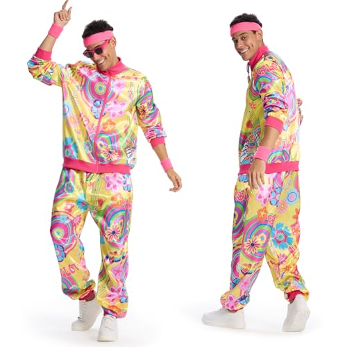 Ulikey 80er Trainingsanzug, 80er 90er Jahre Outfit Herren Damen, Kostüm 80er Jahre Set mit Stirnband Armbänder Brille Paare para Faschingskostüme Karneval Cosplay (Rosa Gelb, M) von Ulikey