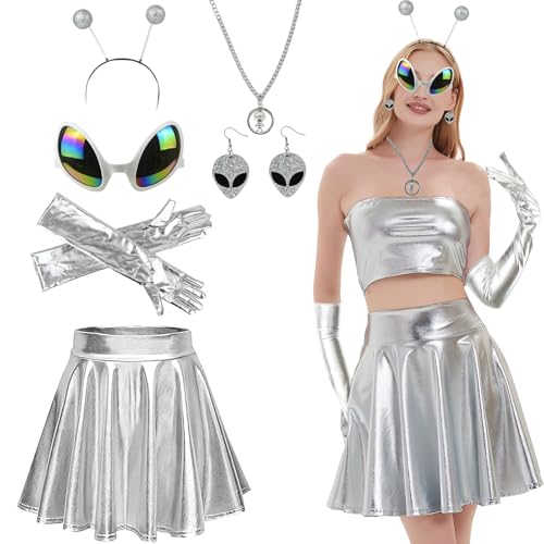 Ulikey Alien Kostüm Set, Cosplay Metallic Glitzer Outfits Damen, Metallischer Faltenrock + Alien Antennen Stirnband + Silber Handschuhe + Alien Gläser, Karneval Mottoparty Kostüm Zubehör (M) von Ulikey