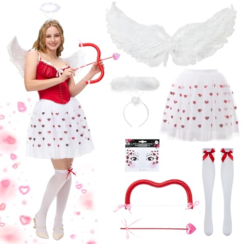 Ulikey Amor Kostüm Damen, Romantische Cupid Engel Kostüme mit Engelsflügel, Heiligenschein Engel, Herzchen BesticktesTutu Rock, Amor Pfeil und Bogen für Valentinstag Karneval (S) von Ulikey