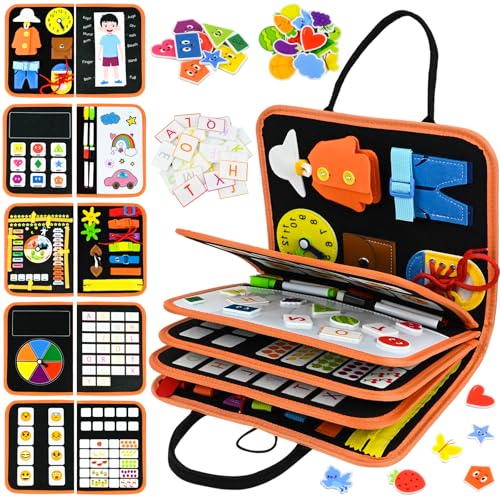 Ulikey Busy Board Montessori Spielzeug, 10 Seiten Busy Board Buch, Activity Board Filz Mit Zeichentafel, Montessori Sensorik Motorikspielzeug, Lernspielzeug ab 3 Mädchen Junge Auto Flugzeug Geschenk von Ulikey