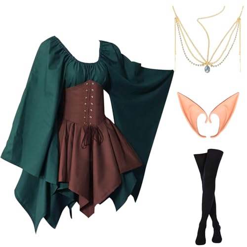 Ulikey Damen Mittelalter Kleid, Traditionelles Irisches Kleid Kostüm für Damen, Gothic Kleid Damen, Renaissance Elfen Kostüm mit Elfenohren, Haarschmuck, Overknee Socken für Karneval Kostüm Cosplay Ulikey Damen Mittelalter Kleid, Traditionelles Irisches Kleid Kostüm für Damen, Gothic Kleid Damen, Renaissance Elfen Kostüm mit Elfenohren, Haarschmuck, Overknee Socken für Karneval Kostüm Cosplay von Ulikey