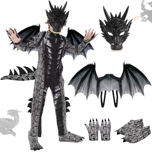 Ulikey Drachen Kinder Kostüm, Karneval Kostüm Jungen, Drachenkostüm Junge Set, mit Drachenflügel und Masken, Drachen Kostüm Jumpsuit, Drachenanzug Jungen Faschings Halloween Cosplay (Schwarz, L) von Ulikey