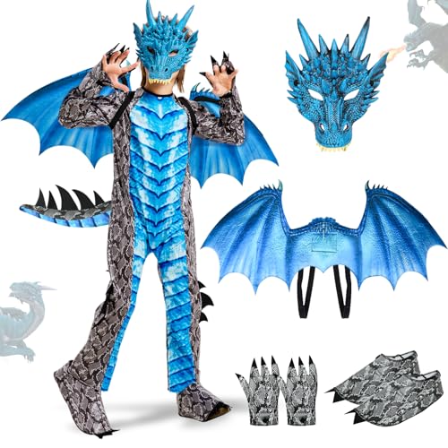Ulikey Drachen Kostüm, Jungen Faschings Kostüm, Drachenkostüm Set mit Drachenflügel, Maske, Handschuhe und Schuhüberzieher, Drachenanzug Jungen, Blau, M (130 cm) von Ulikey