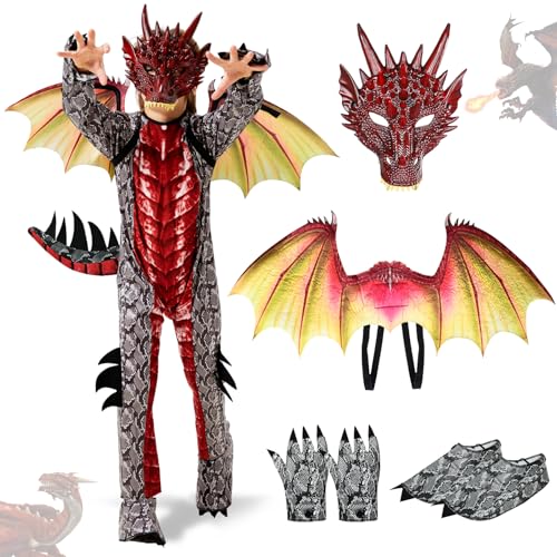 Ulikey Drachen Kinder Kostüm, Karneval Kostüm Jungen, Drachenkostüm Junge Set, mit Drachenflügel und Masken, Drachen Kostüm Jumpsuit, Drachenanzug Jungen Faschings Karneval Halloween Cosplay (Rot, L) von Ulikey