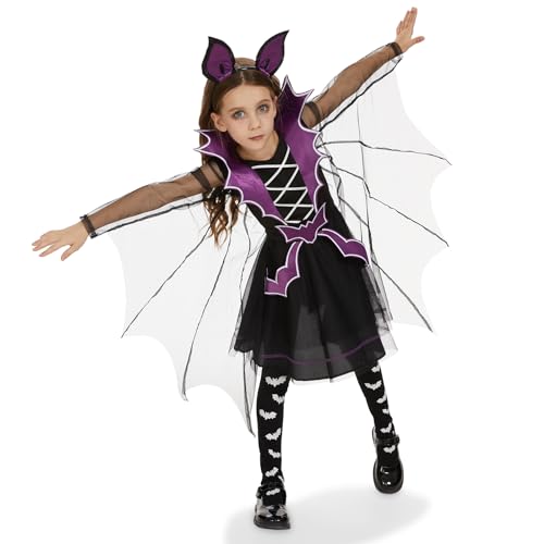 Ulikey Fledermaus Kostüm Kinder, Vampir Kostüm Kinder Halloween Vampir Fledermaus Kleid Mädchen mit Haarreifen und Beinsocken für Halloween und Karneval (L, Fledermaus) von Ulikey