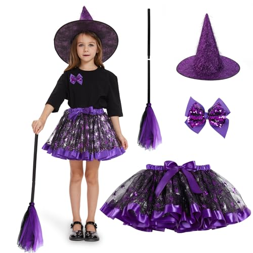 Ulikey Halloween Hexenkostüm Mädchen, Halloween Kostüm Mädchen mit Hexenrock,Hexenhut Kinder, Hexenbesen und Schmetterlings-Haarspange für Karneval Halloween Cosplay Fasching Party, Bühnenshows Ulikey Halloween Hexenkostüm Mädchen, Halloween Kostüm Mädchen mit Hexenrock,Hexenhut Kinder, Hexenbesen und Schmetterlings-Haarspange für Karneval Halloween Cosplay Fasching Party, Bühnenshows von Ulikey