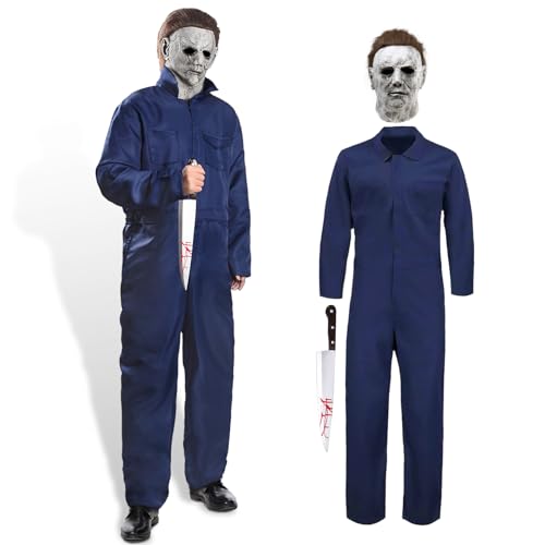 Ulikey Halloween Costüm, Horror Cosplay Kostüm Set mit Overall Herren Arbeitskleidung und Latex Horror Halloween Maske für Erwachsene Fasching, Karneval, Halloween von Ulikey