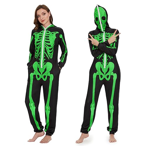 Ulikey Halloween Skelett Kostüm Damen, Halloween Skelett Onesie Overall Pyjama Erwachsene Damen Halloween Totenkopf Jumpsuit Schlafanzug Kostüm für Halloween, Cosplay, Karneval (Fluoreszierend, L) von Ulikey