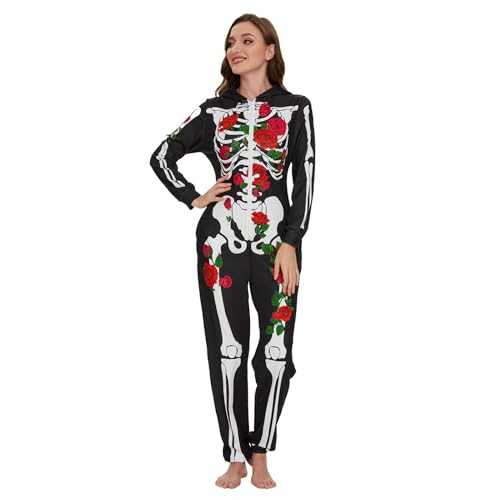 Ulikey Halloween Skelett Kostüm Damen, Halloween Skelett Onesie Overall Pyjama Erwachsene Damen Halloween Totenkopf Jumpsuit Schlafanzug Kostüm für Halloween, Cosplay, Karneval (Rose, M) von Ulikey