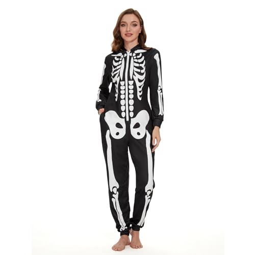 Ulikey Halloween Skelett Kostüm Damen, Onesie Overall Pyjama Erwachsene Totenkopf Jumpsuit Schlafanzug für Cosplay, Karneval (Weiß, M) von Ulikey