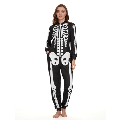 Ulikey Halloween Skelett Kostüm Damen, Halloween Skelett Onesie Overall Pyjama Erwachsene Damen Halloween Totenkopf Jumpsuit Schlafanzug Kostüm für Halloween, Cosplay, Karneval (Weiß, XS) von Ulikey