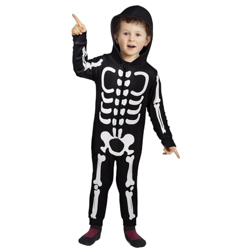 Ulikey Halloween Skelett Kostüm Kinder, Halloween Skelett Onesie Pyjama Kinder Halloween Totenkopf Jumpsuit für Halloween, Cosplay, Karneval (3T) von Ulikey