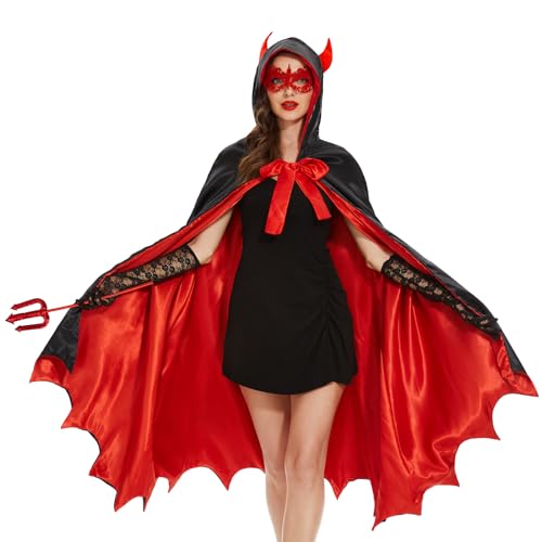 Ulikey Teufel Kostüm Damen, Halloween Kostüm Damen Vampir Umhang, Kapuzenumhang Schwarz Rot Doppelseitig mit Teufelsgabel, Spitzenaugenklappe, Spitzenhandschuhen von Ulikey
