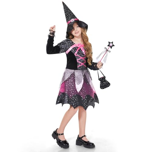 Ulikey Hexenkostüm Mädchen, Halloween Hexenkostüm Kinder, Mädchen Hexen Kostüm, Zauberer Verkleiden mit Zauberstab, Hut, Süßigkeitentüte und Handschuhen für Halloween Karneval, Bühnenshows von Ulikey