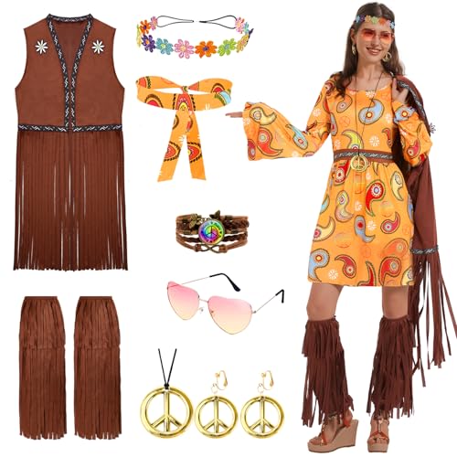 Ulikey Hippie Damen Kleid, 9 Stück 60er 70er Jahre Kostüm Damen Set, Hippie Kleidung Damen Kostüm, mit Weste Turban, Fransenleggings, Hippie Kleidung Frauen Karneval Motto Party Cosplay (XL) Ulikey Hippie Damen Kleid, 9 Stück 60er 70er Jahre Kostüm Damen Set, Hippie Kleidung Damen Kostüm, mit Weste Turban, Fransenleggings, Hippie Kleidung Frauen Karneval Motto Party Cosplay (XL) von Ulikey