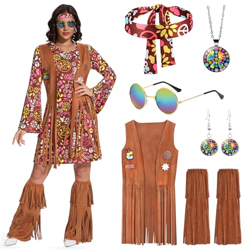 Ulikey Hippie Kostüm Damen, Hippie Kleidung Damen 70er Jahre Kleid Schlagermove Outfit Damen mit Fransenweste Stiefelüberzieher für Karneval Halloween Cosplay (Braun, L) von Ulikey