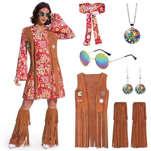 Ulikey Hippie Kostüm Damen, Hippie Kleidung Damen 70er Jahre Kleid Schlagermove Outfit Damen mit Fransenweste Stiefelüberzieher für Karneval Halloween Cosplay (Rot, M) von Ulikey