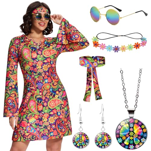 Ulikey Damen Hippie Kostüm, Schlagermove Outfit 60er 70er Jahre Bekleidung mit Hippie Brille Haarband Blumengirlande Halskette Ohrringe, Geeignet für Karneval (Rot, M) von Ulikey