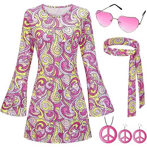 Ulikey Hippie Kostüm Damen Set, 60er 70er Kleid Hippie Kleidung Frauen Mädchen Disco Kleider mit Pailletten, Mode Abba Outfit mit 60er Jahre Kostüm Zubehör, Bekleidung Damen für Karneval Party (XXL) von Ulikey