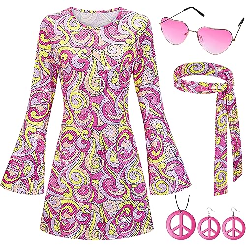 Ulikey Hippie Kostüm Damen Set, 60er 70er Kleid Hippie Kleidung Frauen Mädchen Disco Kleider mit Pailletten, Mode Abba Outfit mit 60er Jahre Kostüm Zubehör, Bekleidung Damen für Karneval Party (XL) von Ulikey