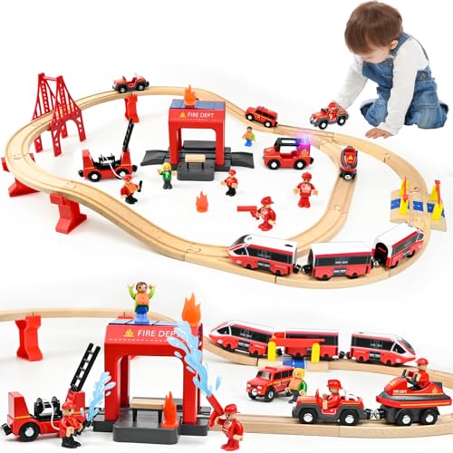 Ulikey Holzeisenbahn Set Kinder, 58 Teiliges Holzeisenbahn Schienen und Zug Spielzeug, Modelleisenbahn-Set mit Elektrische Lok und Feuerwehr, Spielzeugeisenbahn-Set Geschenk für Jungen und Mädchen Ulikey Holzeisenbahn Set Kinder, 58 Teiliges Holzeisenbahn Schienen und Zug Spielzeug, Modelleisenbahn-Set mit Elektrische Lok und Feuerwehr, Spielzeugeisenbahn-Set Geschenk für Jungen und Mädchen von Ulikey