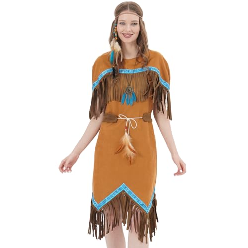 Ulikey Indianer Kostüm Damen, Karneval Kostüm Damen Indianerin, Indianer Style Damen Kleid mit Feder Stirnband, Gürtel und Halskette, Indianerkostüm für Karneval Fasching Halloween Party Cosplay (M) von Ulikey