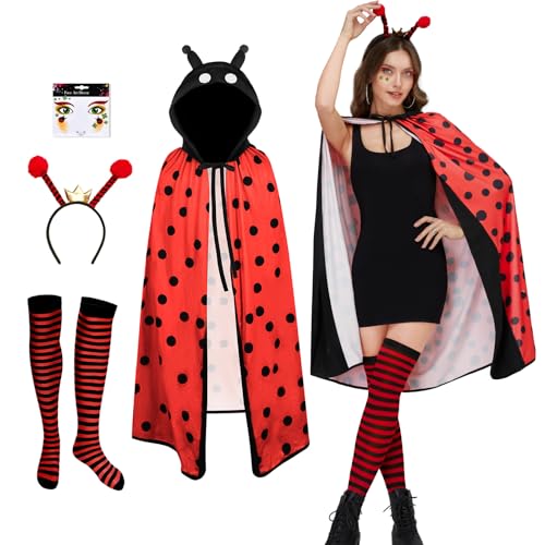 Ulikey Damen Marienkäfer Kostüm, Ladybug Kostüm mit Haarreif, Strümpfen und Cape für Erwachsene, Karneval, Fasching, Mottoparty von Ulikey