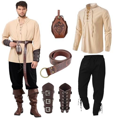Ulikey Mittelalter Kleidung Herren, Karneval Herren Renaissance Kostüm Set mit Mittelalterliches Piratenhemd, Mittelalter Hose Viking Kostüm, Gürtel, Handgelenkschützer für Faschingskostüme(Beige,XXL) von Ulikey