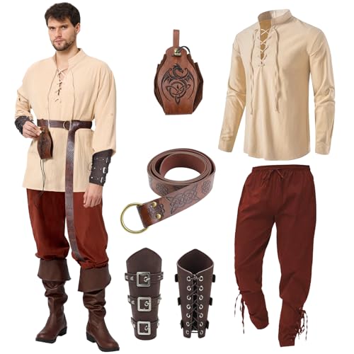 Ulikey Mittelalter Kleidung Herren, Karneval Herren Renaissance Kostüm Set mit Mittelalterliches Piratenhemd, Mittelalter Hose Viking Kostüm, Gürtel, Handgelenkschützer für Faschingskostüme (Braun, M) von Ulikey