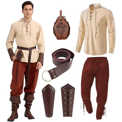 Ulikey Mittelalter Kleidung Herren Set, Herren Renaissance Kostüm Set mit Herren Mittelalterliches Piratenhemd, Hose, Gürtel, Handgelenkschützer für Halloween Karneval Kostüm Cosplay (Beige, 2XL) Ulikey Mittelalter Kleidung Herren Set, Herren Renaissance Kostüm Set mit Herren Mittelalterliches Piratenhemd, Hose, Gürtel, Handgelenkschützer für Halloween Karneval Kostüm Cosplay (Beige, 2XL) von Ulikey
