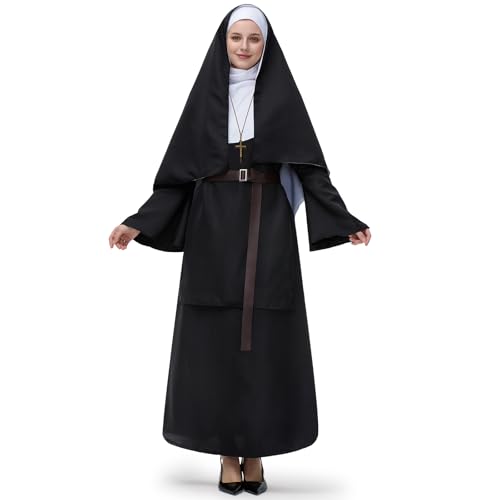 Ulikey Nonnen Kostüm, Halloween Scary Nonne Outfit mit Kopfbedeckungen, Kreuz Halskette, Gürtel für Halloween Cosplay (2XL) von Ulikey