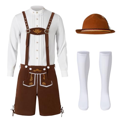 Ulikey Oktoberfest Herren Outfit, Herren Deutsch Bayern Oktoberfest Kostüm Set Oktoberfest Kleidung Herren mit Abnehmbarem Lätzchenträger, Hemden, Kniesocken und Bayerischen Filzhüte (Braun, L) von Ulikey