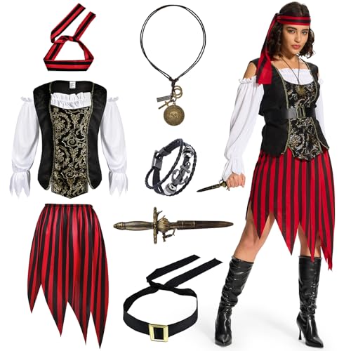 Ulikey Piraten Kostüm Damen, Piratin Kostüm Erwachsene, Piraten Kleid Set mit Piraten Oberteil, Rock, Piraten Kopftuch, Gürtel, Halskette, Armband für Halloween und Karneval (L) von Ulikey