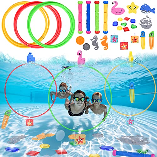 Ulikey Pool Tauchen Spielzeug, 28 Stück Tauchspielzeug für Kinder mit Tauchringe Tauchstäbe Tauchtiere Tauchtorpedo, Schwimmbecken Spielzeug für Wasserspielzeug ab 5 6 7 8 9 Junge von Ulikey