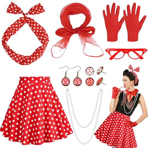 Ulikey Rockabilly Accessoires Damen, 50er Jahre Damen Kleid Zubehör, Vintage Kleidungszubehör mit Polka Dot Rock Stirnband Handschuhe Brillen Ohrstecker für Karneval Fasching Mottoparty (Rot) von Ulikey