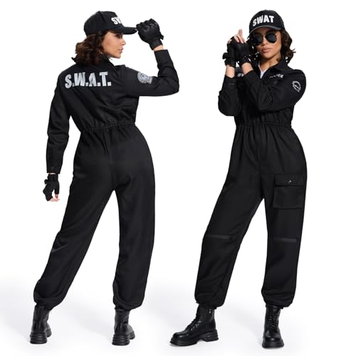 Ulikey SWAT Kostüm Damen, SWAT Jumpsuit Damen Polizei Kostüm Set Karneval Security Overall Erwachsene mit Baseballkappe, Sonnenbrille und Handschuhe für Karneval Halloween (S) von Ulikey