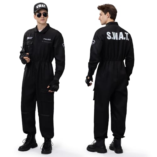 Ulikey SWAT Kostüm Herren, SWAT Jumpsuit Herren Polizei Kostüm Erwachsene Set Karneval Security Overall Herren mit SWAT Baseballkappe, Sonnenbrille und Handschuhe für Karneval Halloween (M) von Ulikey