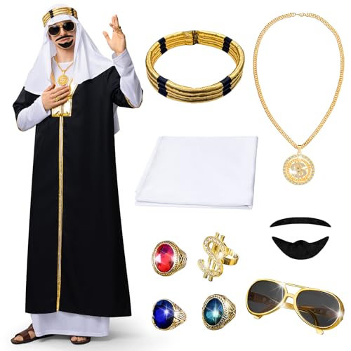 Ulikey Scheich Kostüm Herren, 10 Stück Kostüm Scheich Araber Costume Sceicco Arabo Schwarzes Araber Kostüm mit Schnurrbart, Halsketten, Sonnenbrillen, Kopftuch für Karneval, Party, Cosplay (M) von Ulikey