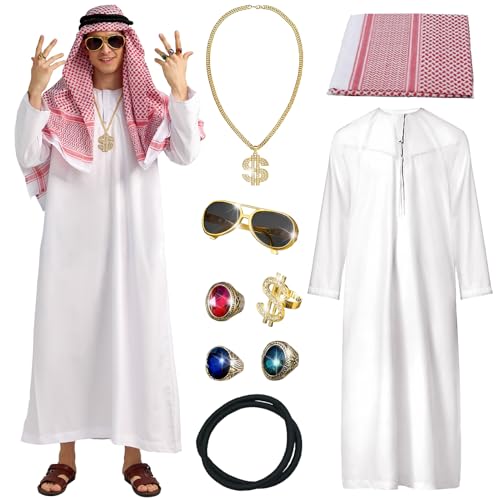 Ulikey Scheich Kostüm Herren, Araber Kostüm, Kostüm Scheich Araber, Arabisches Weißes Gewand mit Kopftuch, Finger Ring, Halsketten, Sonnenbrillen für Party, Cosplay (2XL) von Ulikey