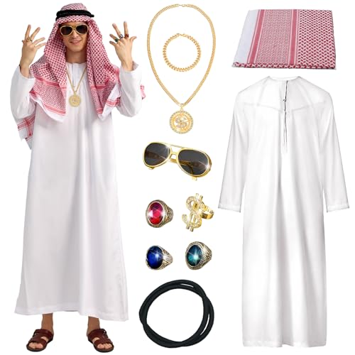 Ulikey Scheich Kostüm Herren, Araber Kostüm, Kostüm Scheich Araber, Arabisches Weißes Gewand mit Kopftuch, Finger Ring, Halsketten, Sonnenbrillen für Party, Cosplay (L) von Ulikey